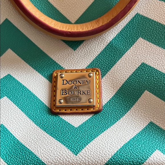 Dooney & Bourke Teal and Cream Chevron Satchel with Tan Leather Trim - Picture 2 of 13